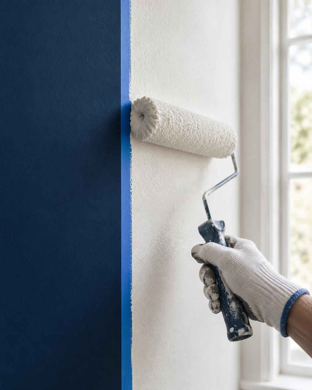 Pormenor de um pintor a aplicar tinta junto a uma parede azul-marinho